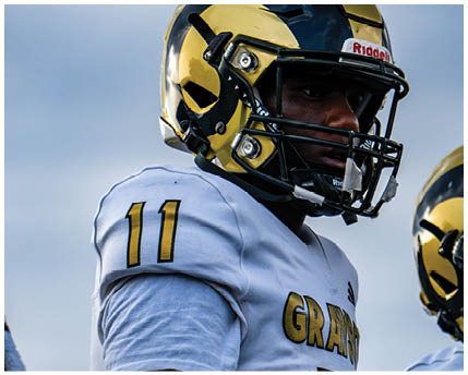 A person wearing a green football jersey with the number 87 and a gold helmet stands on a field. Description generated by AI