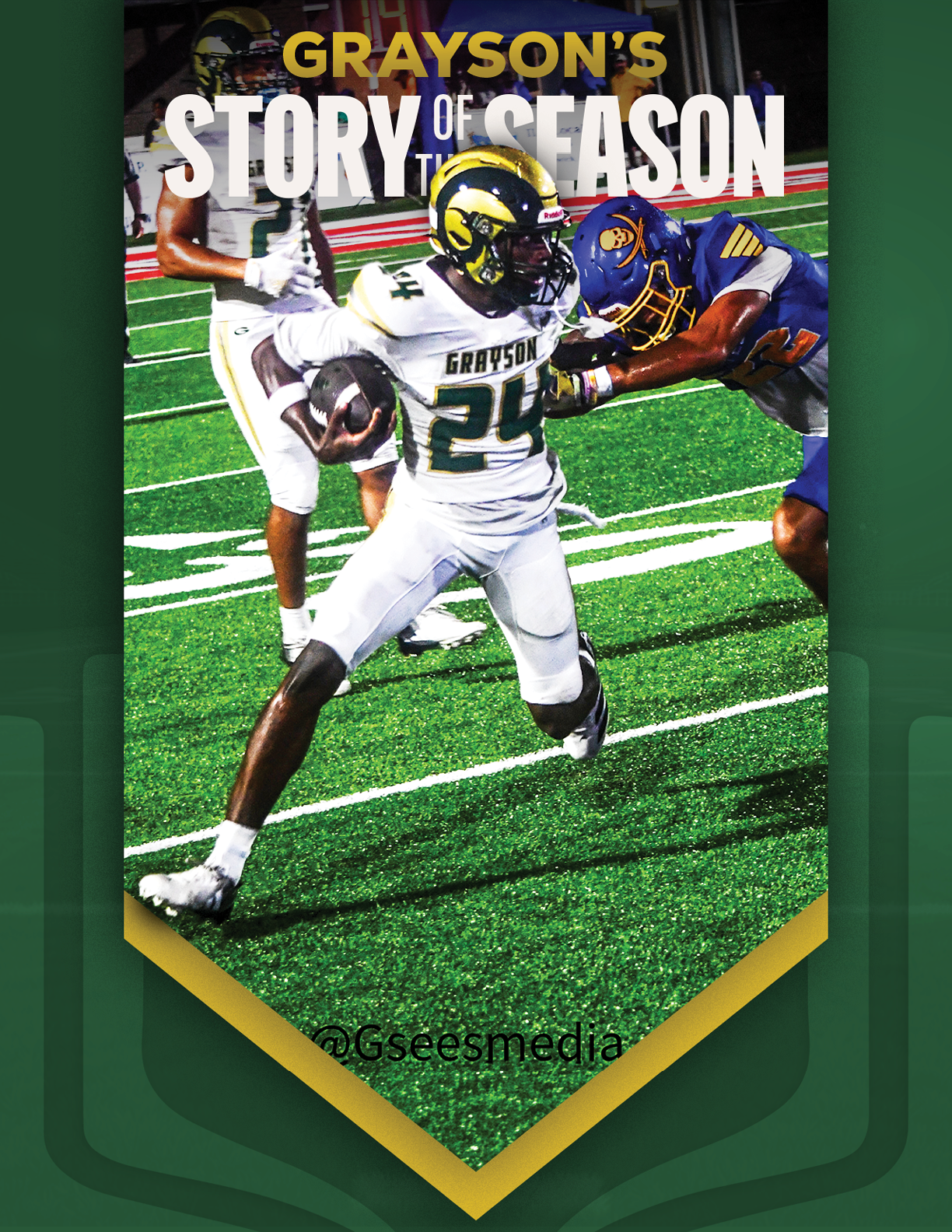 An adult wearing a white football uniform with the number 12 is catching a football on a field with a referee and spectators in the background, framed by a green and gold banner with the text “Grayson's Story of the Season." Description generated by AI