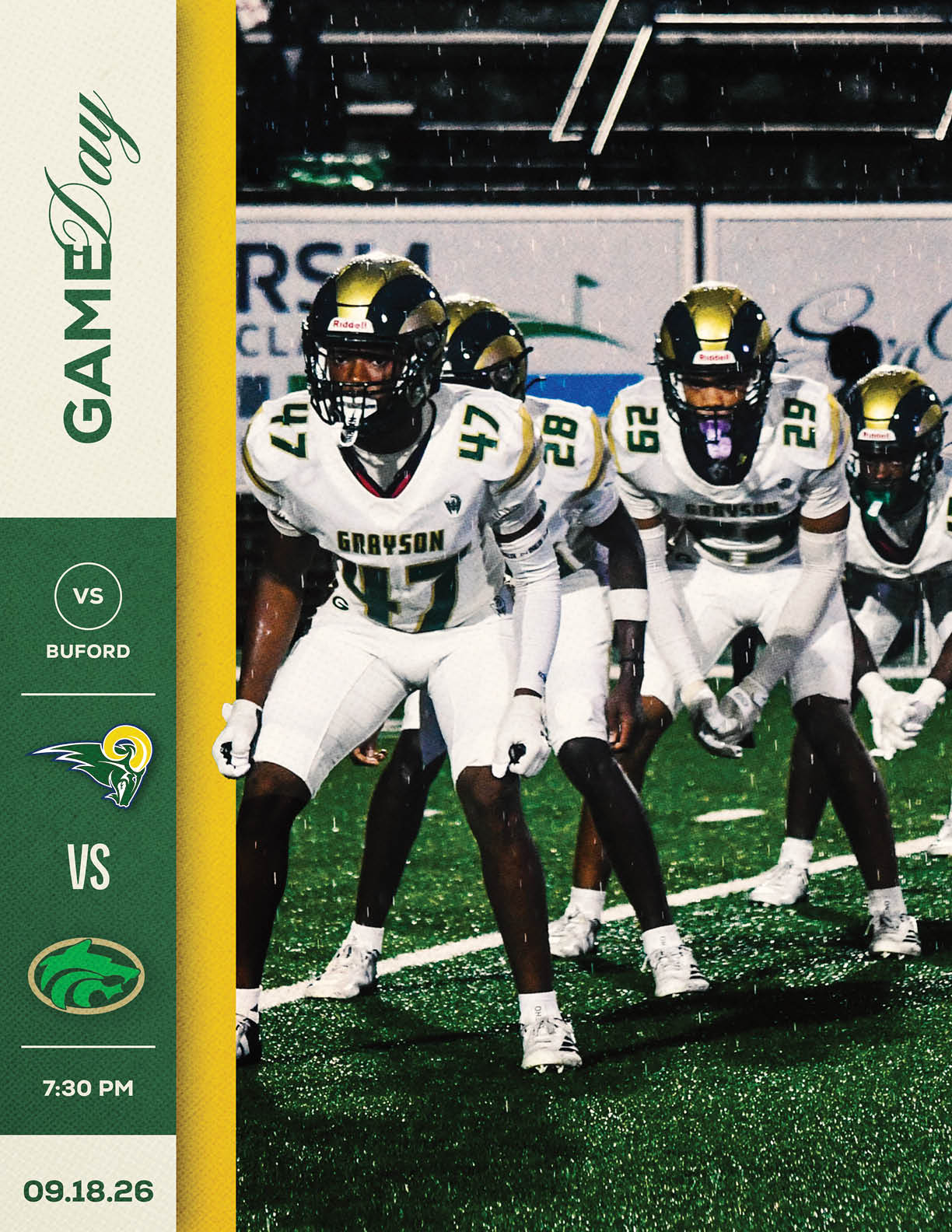 A football player in a white and gold uniform is crouched in a ready stance on a field at night with a game day graphic showing a matchup between two teams and the date and time of the game. Description generated by AI