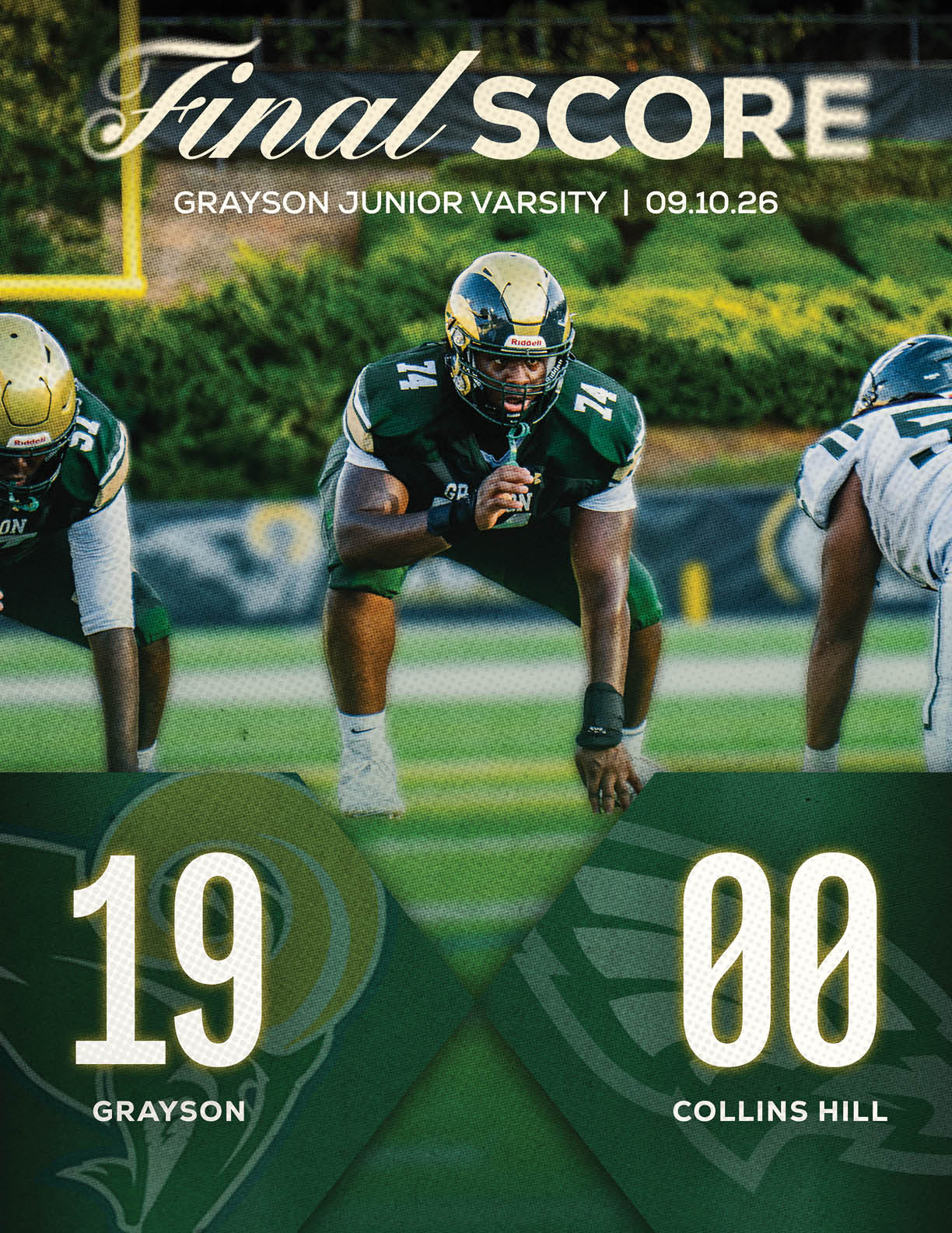 Two people in green sports uniforms celebrate energetically on a field with a scoreboard showing Grayson defeating South Gwinnett. Description generated by AI