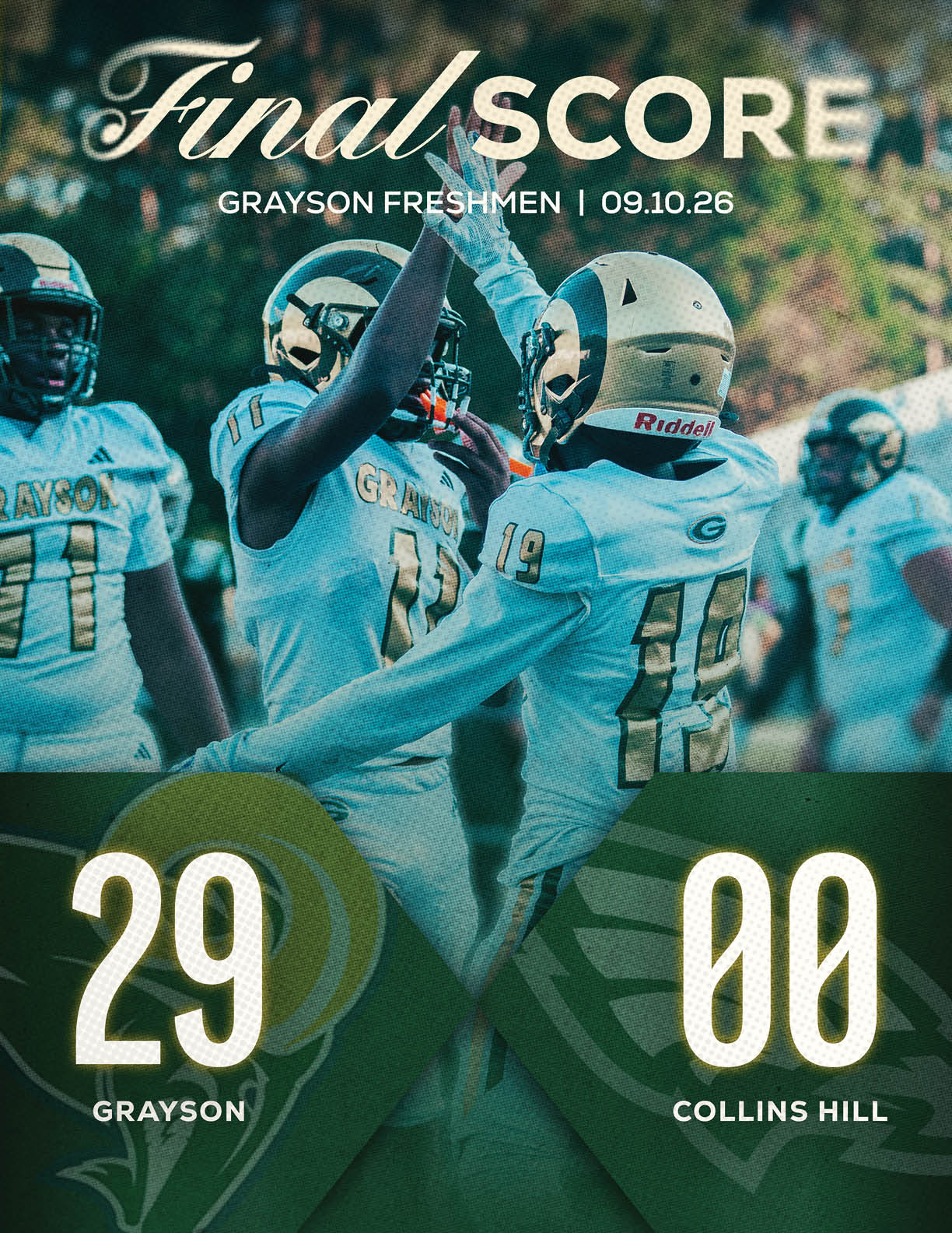 A person in a football uniform is running on a field holding a football with a scoreboard showing Grayson leading South Gwinnett with a final score. Description generated by AI