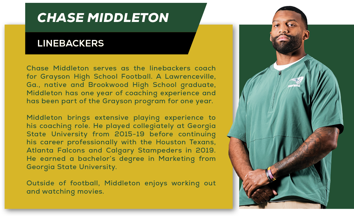 Chase Middleton serves as the linebackers coach for Grayson High School Football. A Lawrenceville, Ga., native and Br...