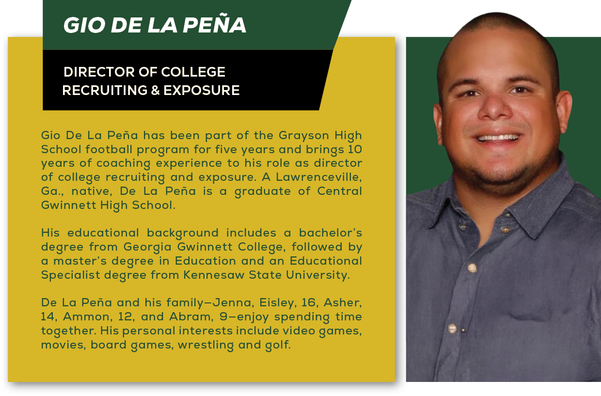 Gio De La Pe a has been part of the Grayson High School football program for five years and brings 10 years of coachi...