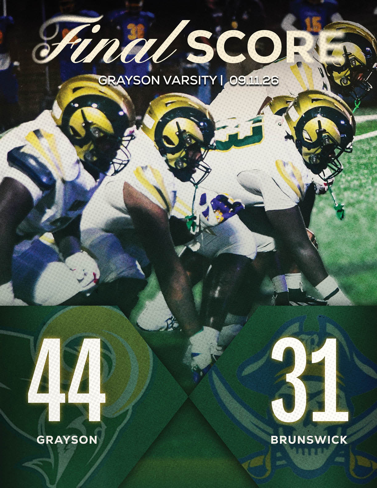 A scoreboard shows the final score of a high school football game with Grayson Varsity defeating Langston Hughes, while players in football uniforms are engaged in a tackle on the field. Description generated by AI