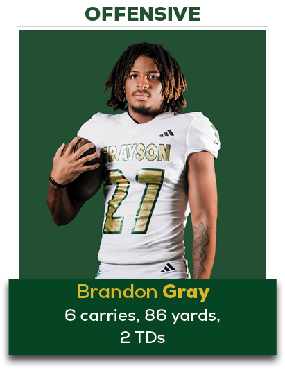 6 carries, 86 yards, 2 TDs,Brandon Gray,OFFENSIV