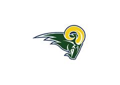 A stylized green ram's head with large yellow curved horns on a dark blue background. Description generated by AI