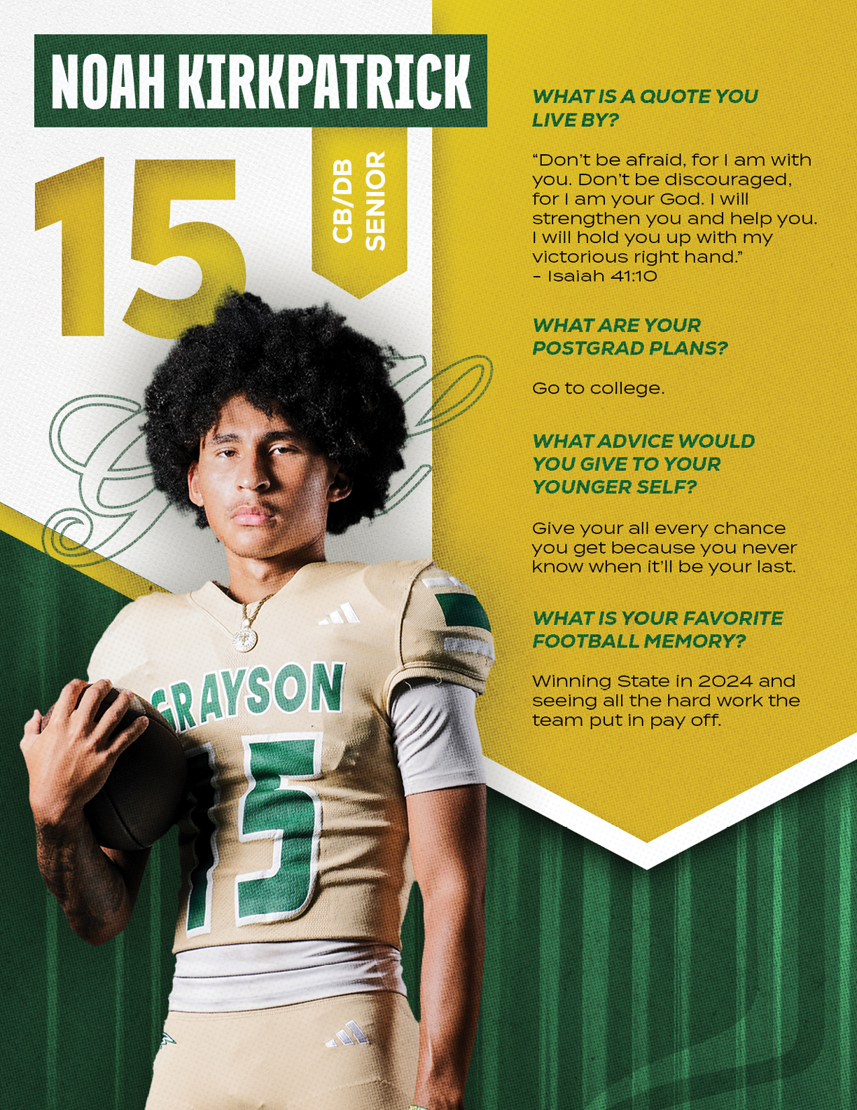 A person wearing a football uniform holding a football stands next to text featuring their name, class year, jersey number, and quotes about life, postgrad plans, advice, and a favorite football memory. Description generated by AI