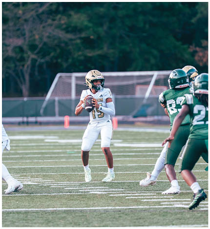 People in football uniforms are on a field with sunlight streaming through trees in the background. Description generated by AI
