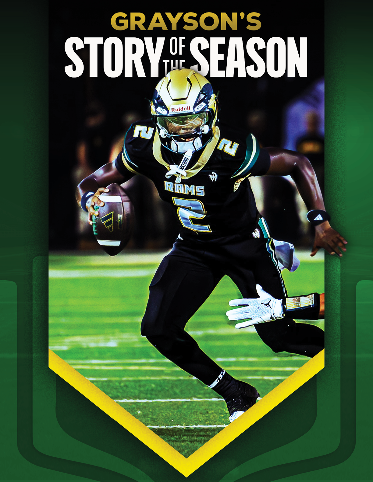 An adult wearing a white football uniform with the number 12 is catching a football on a field with a referee and spectators in the background, framed by a green and gold banner with the text “Grayson's Story of the Season." Description generated by AI
