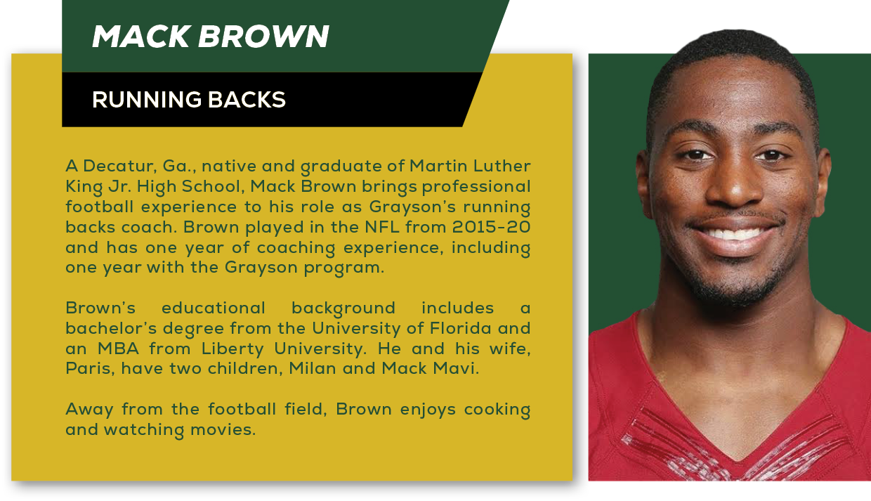 A Decatur, Ga., native and graduate of Martin Luther King Jr. High School, Mack Brown brings professional football ex...