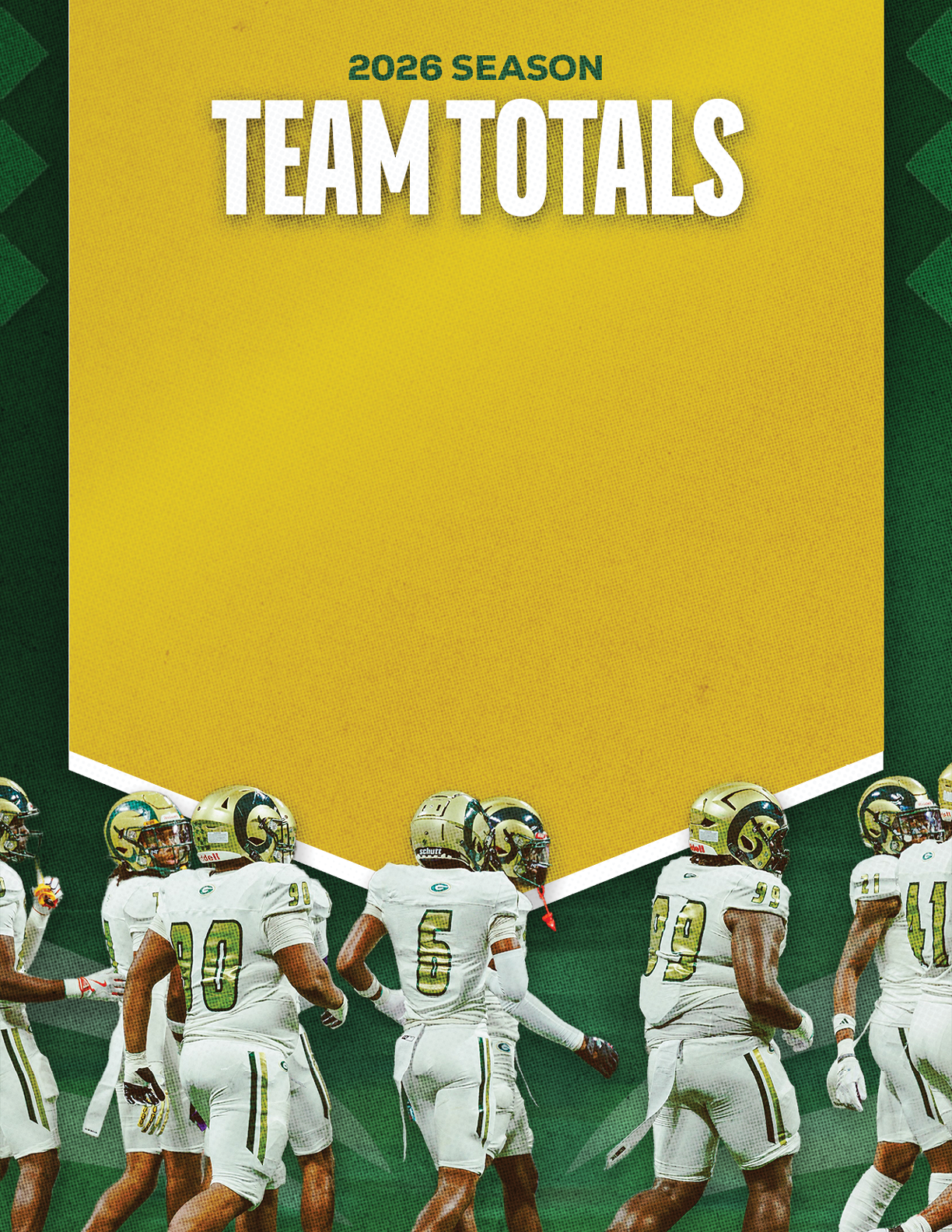 A group of people in white sports uniforms with helmets are standing together on a green field beneath a yellow banner that reads 2026 season team totals. Description generated by AI