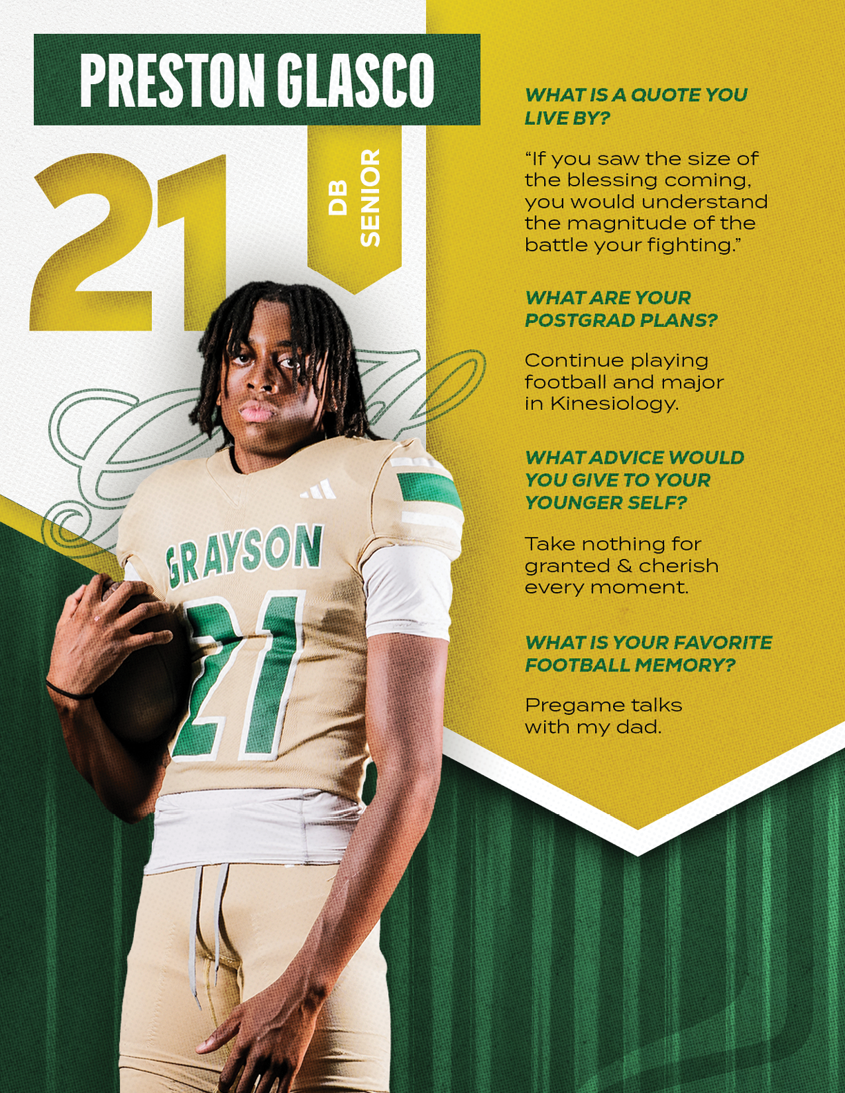 An adult wearing a football uniform with the number 21 and holding a football stands next to text about Preston Glasco including a motivational quote, postgrad plans, advice to younger self, and favorite football memory. Description generated by AI