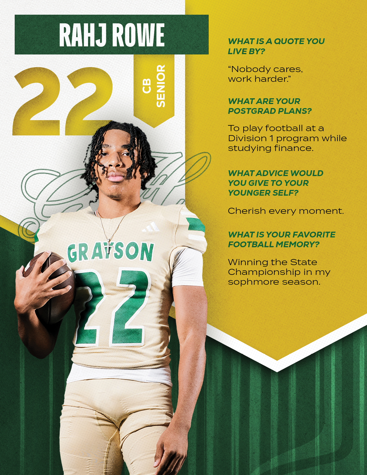 An adult wearing a football uniform with the number 22 and the name Grayson stands holding a football next to text about Rahj Rowe including a quote, postgrad plans, advice to younger self, and favorite football memory. Description generated by AI