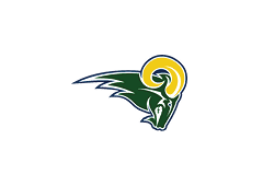 A stylized green ram's head with large yellow curved horns on a dark blue background. Description generated by AI