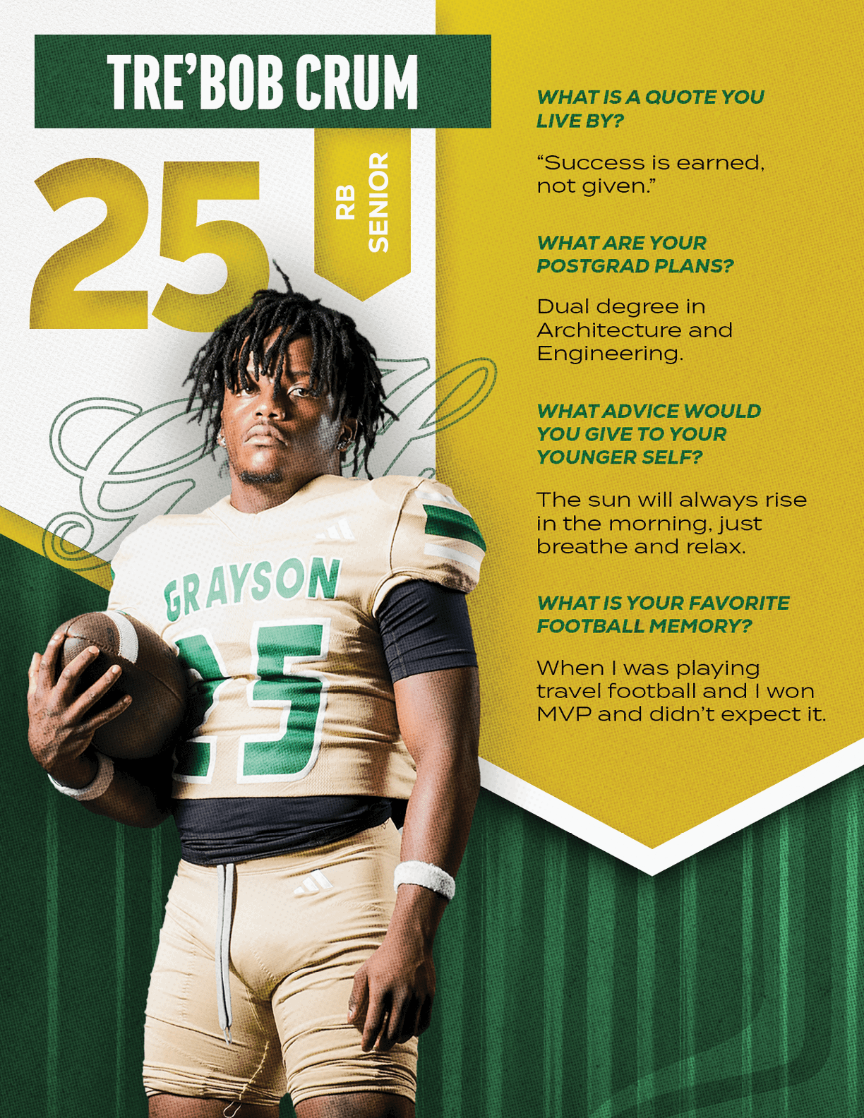 Person with dreadlocks wearing a football uniform holding a football stands next to text about their name, position, senior status, and personal quotes on a green and yellow graphic background. Description generated by AI