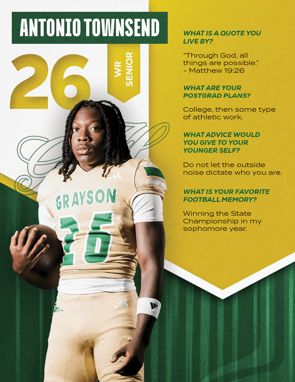 A person with long hair wearing a Grayson football uniform holding a football stands next to text featuring their name, position, and inspirational quotes. Description generated by AI