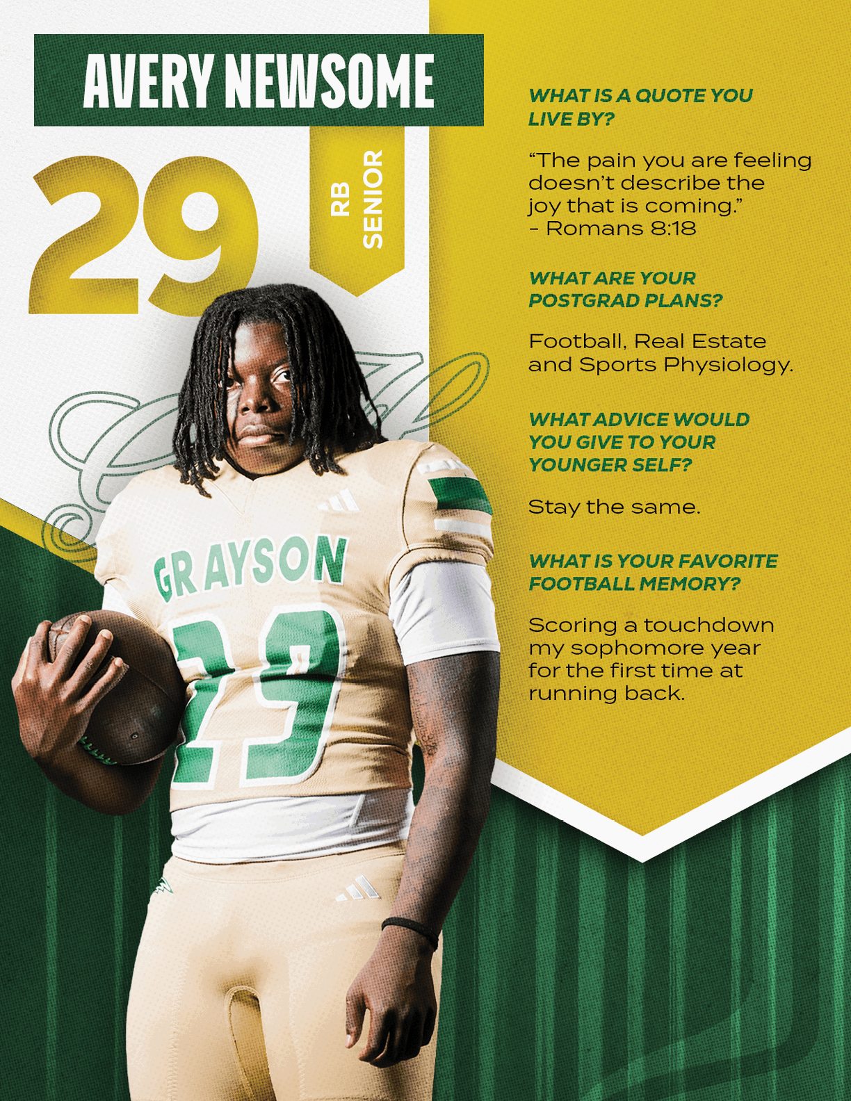 A person with long dreadlocks wearing a football uniform holding a football stands next to text about their name, number, position, and answers to questions about a favorite quote, postgrad plans, advice to younger self, and favorite football memory. Description generated by AI