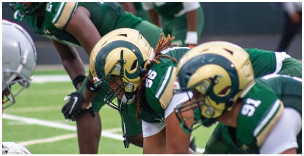 Two people wearing white sports uniforms with green and yellow stripes stand on a field with others in the background. Description generated by AI