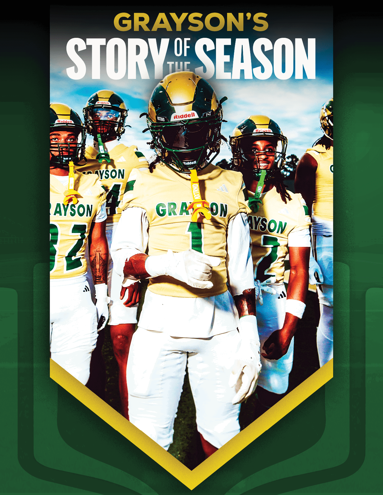 An adult wearing a white football uniform with the number 12 is catching a football on a field with a referee and spectators in the background, framed by a green and gold banner with the text “Grayson's Story of the Season." Description generated by AI