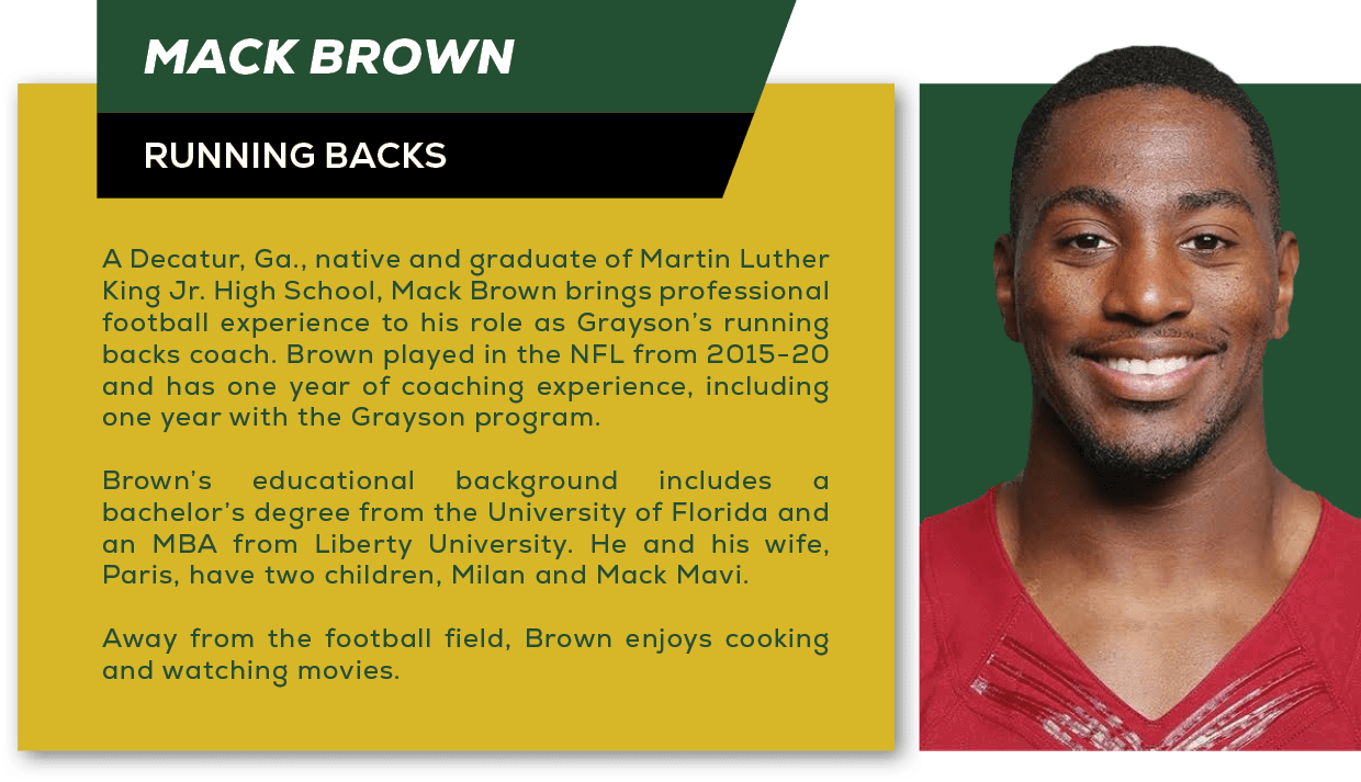 A Decatur, Ga., native and graduate of Martin Luther King Jr. High School, Mack Brown brings professional football ex...