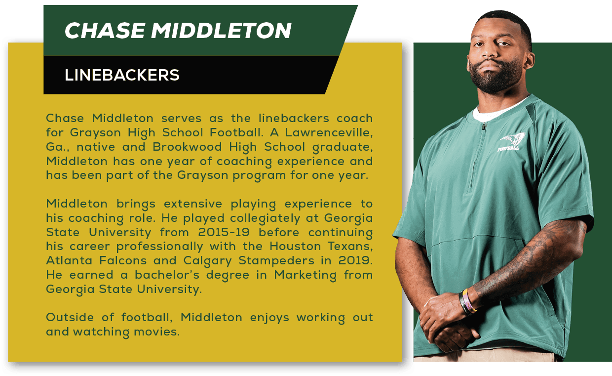 Chase Middleton serves as the linebackers coach for Grayson High School Football. A Lawrenceville, Ga., native and Br...