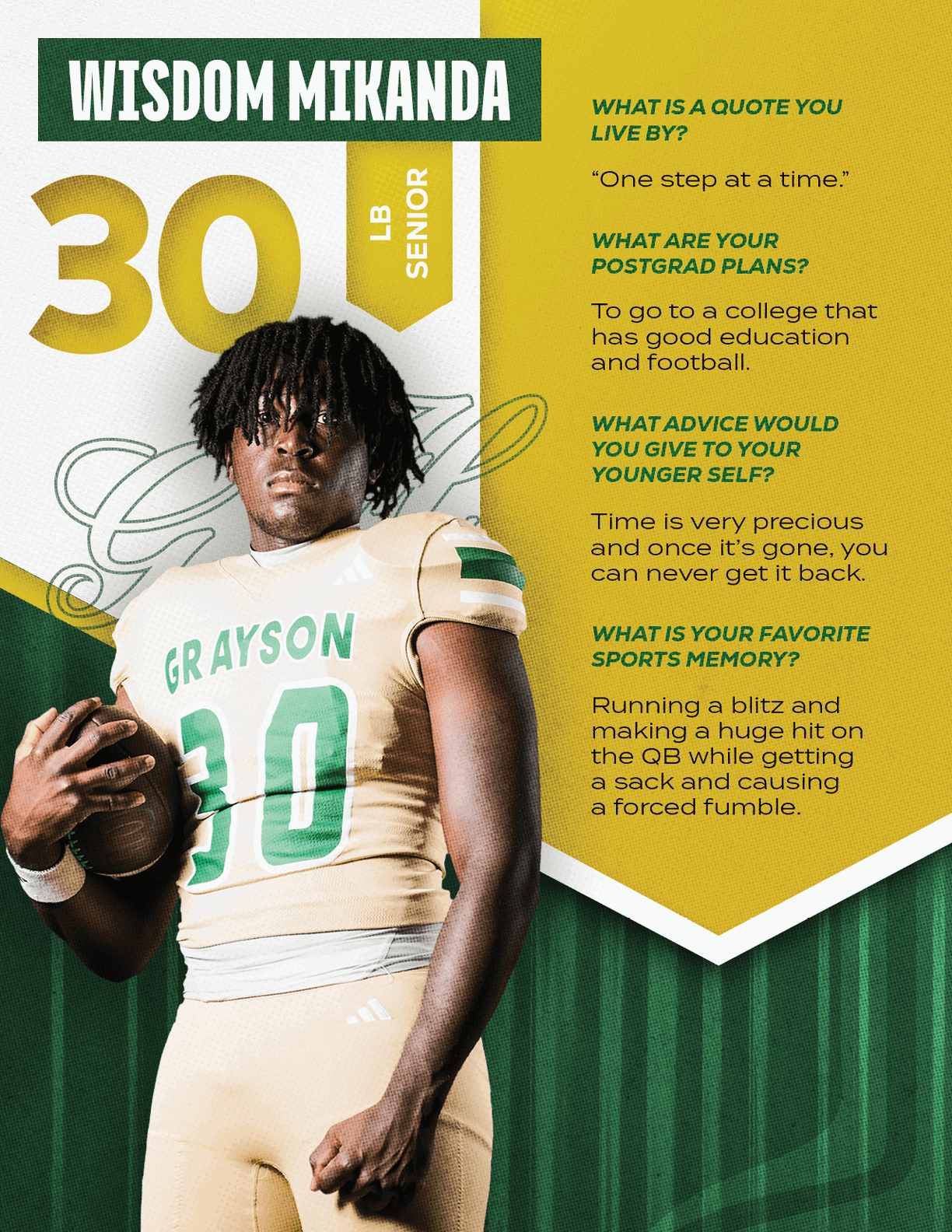 A person wearing a football uniform with the number 30 and the name Grayson stands holding a football with text beside them sharing their name Wisdom Mikanda, position LB Senior, and answers about a quote, postgrad plans, advice to younger self, and favorite football memory. Description generated by AI