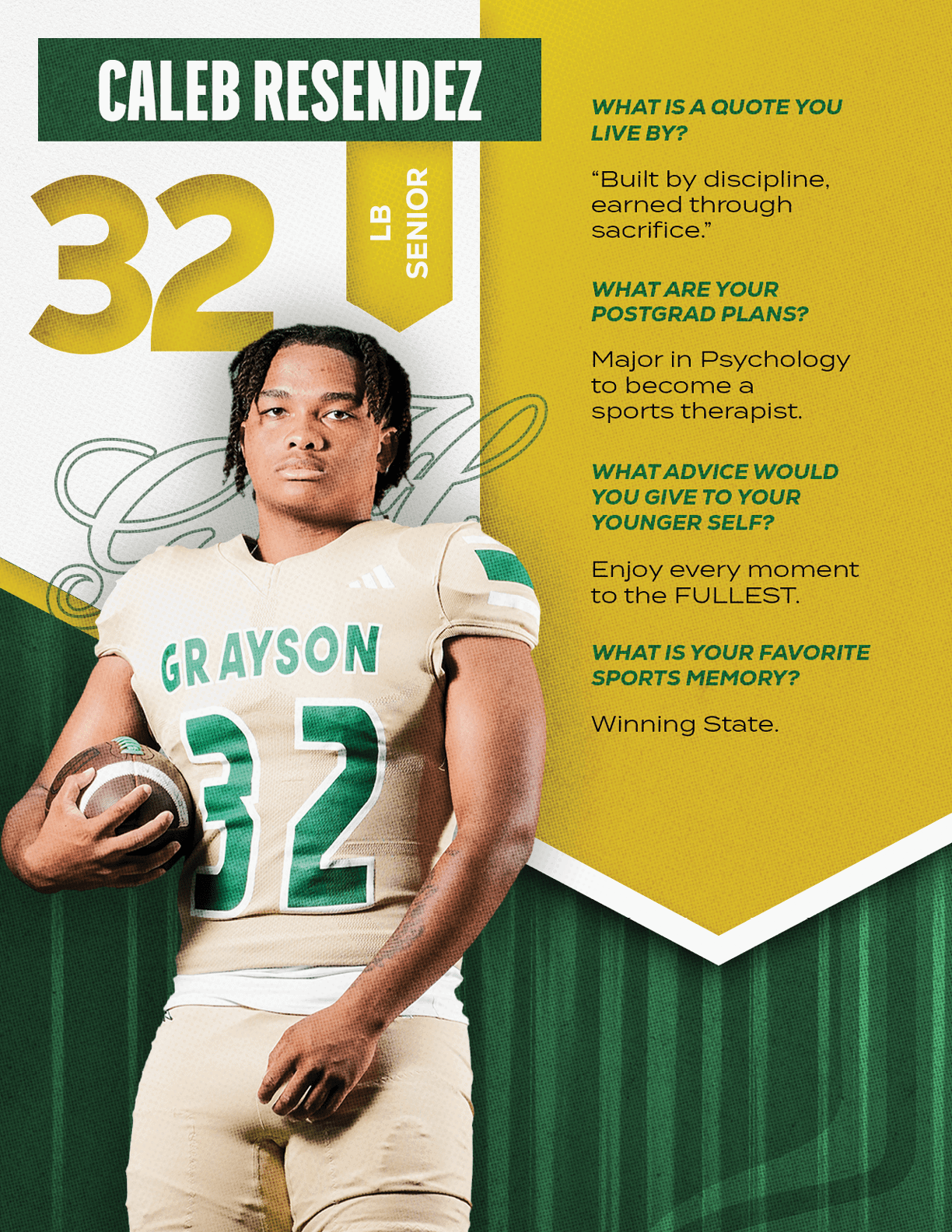 A person in a football uniform holding a football stands next to text featuring their name, position, class year, and inspirational quotes about discipline, future plans, advice, and a favorite football memory. Description generated by AI