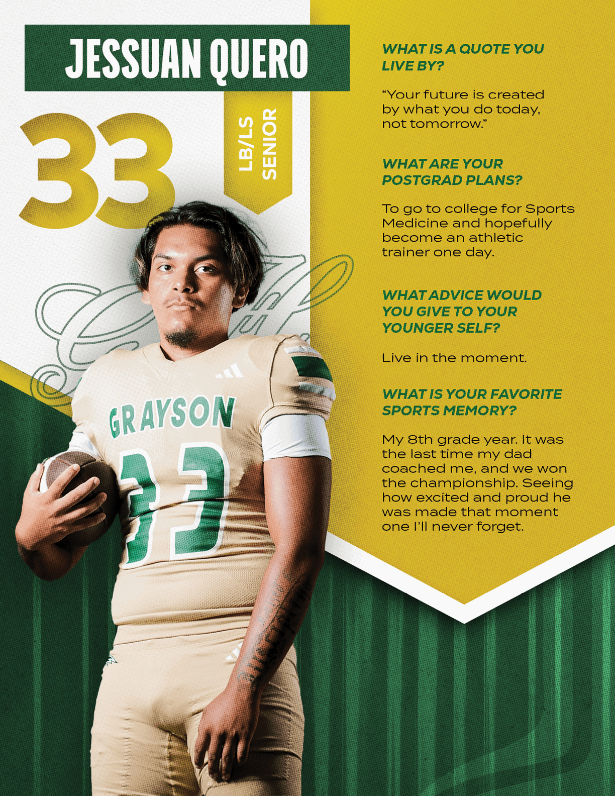 An adult wearing a football uniform with the name Grayson and number 33 holds a football while standing next to text featuring a quote, personal goals, advice to younger self, and a favorite football memory. Description generated by AI