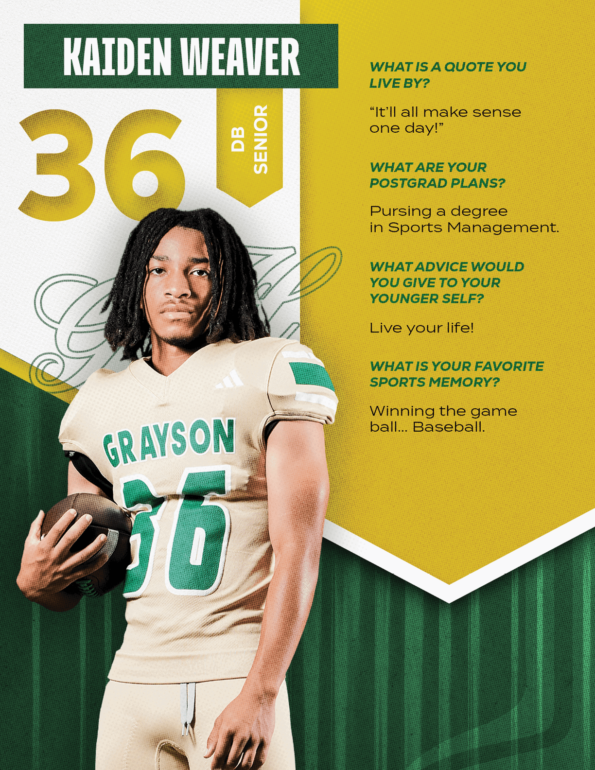 A person with shoulder-length dreadlocks wearing a football uniform holding a football stands next to text featuring their name, number, position, class year, and answers to questions about a favorite quote, postgraduate plans, advice to younger self, and favorite football memory. Description generated by AI