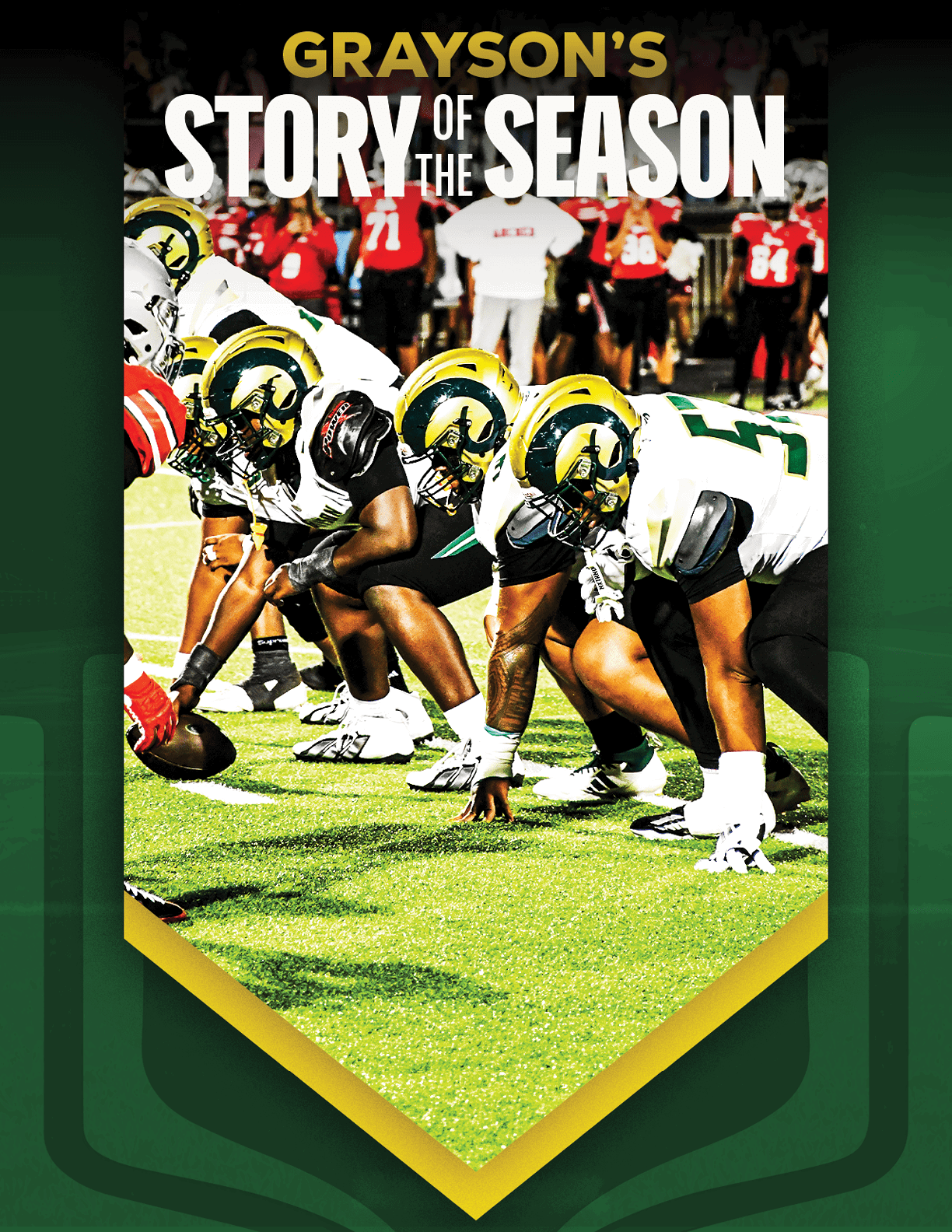 An adult wearing a white football uniform with the number 12 is catching a football on a field with a referee and spectators in the background, framed by a green and gold banner with the text “Grayson's Story of the Season." Description generated by AI