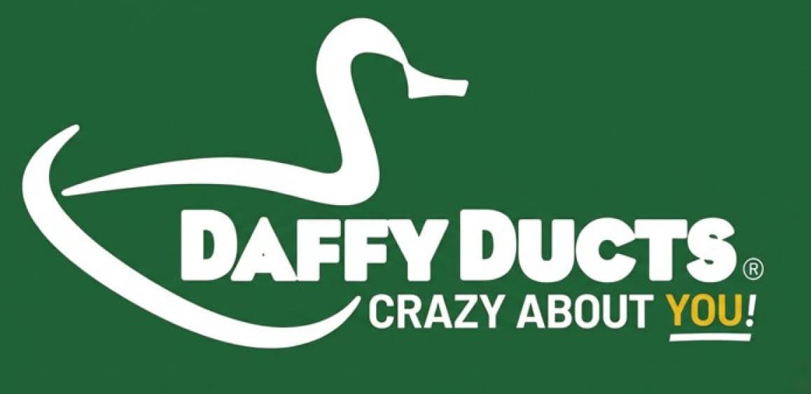 A green background with a white stylized duck shape and the text “DAFFY DUCTS CRAZY ABOUT YOU!" with "YOU!" highlighted in yellow. Description generated by AI