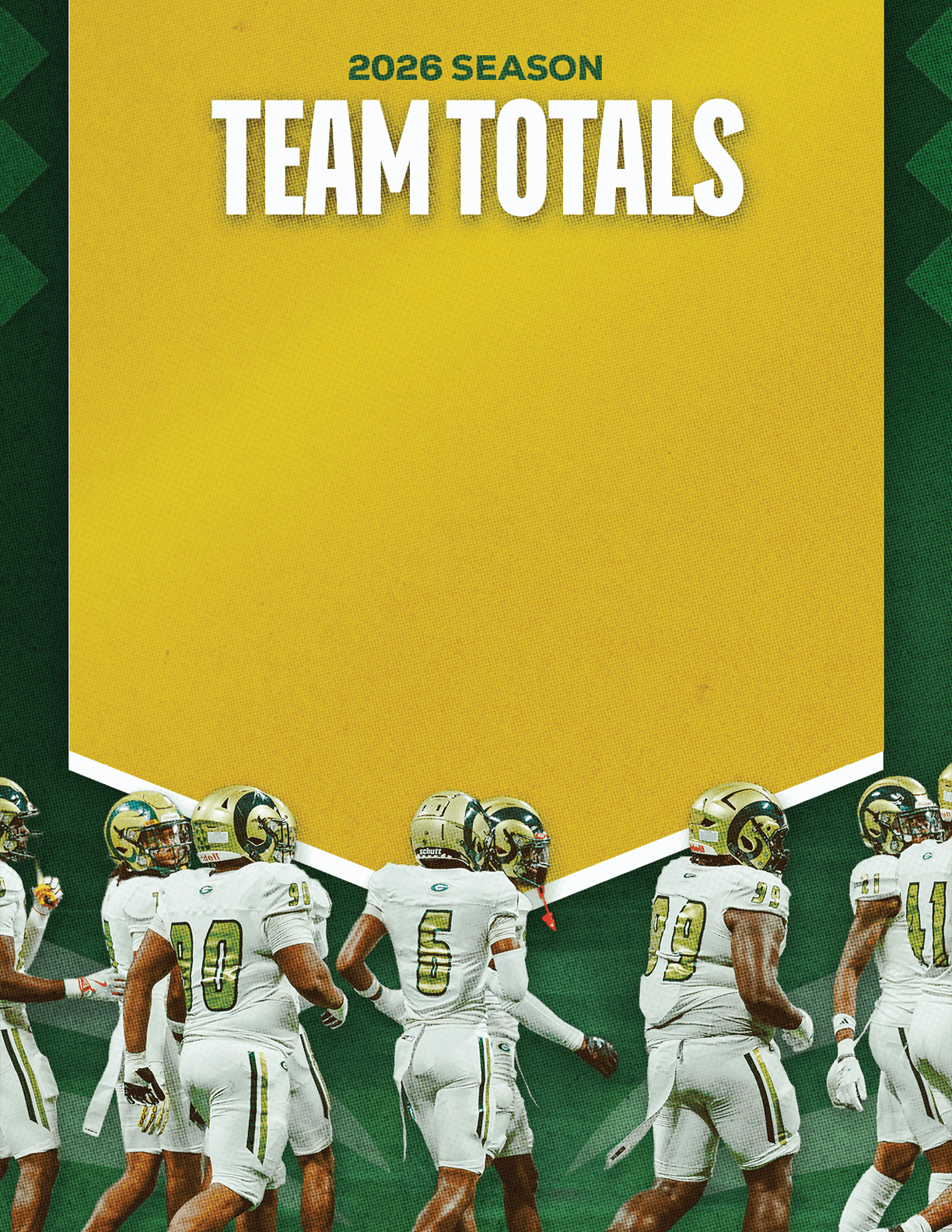 A group of people in white sports uniforms with helmets are standing together on a green field beneath a yellow banner that reads 2026 season team totals. Description generated by AI
