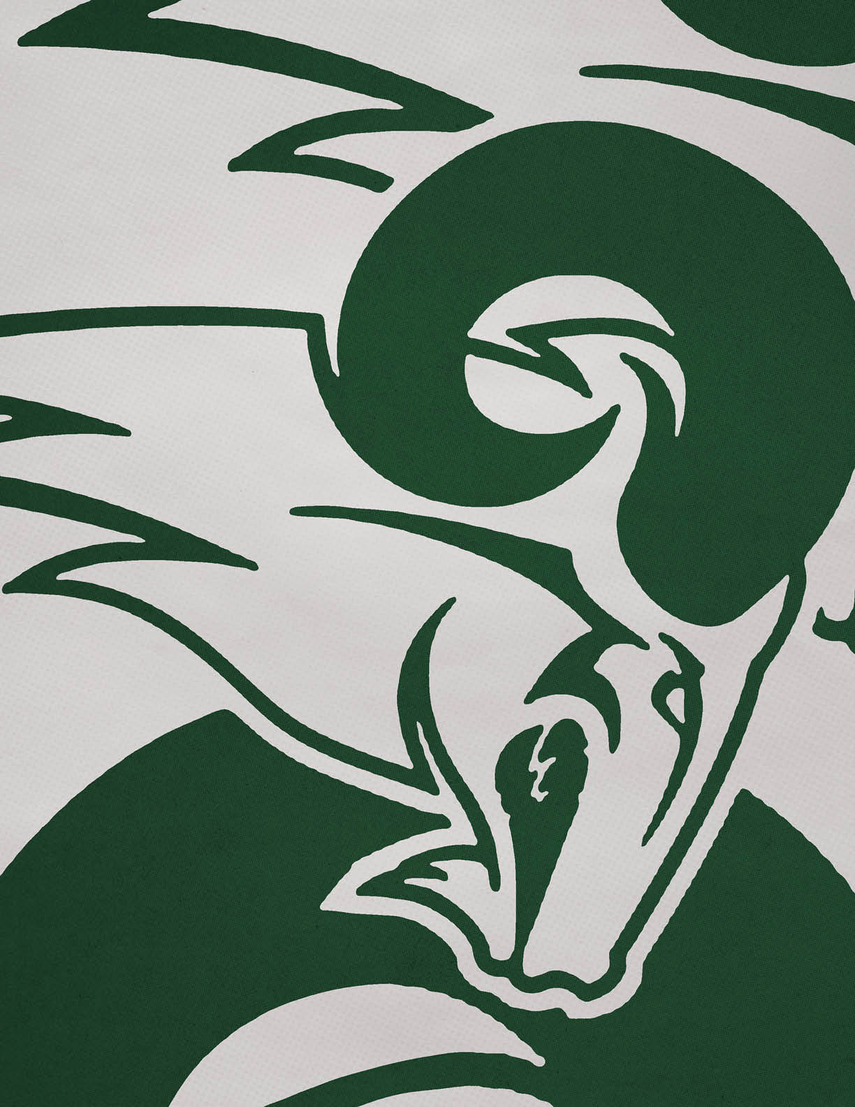 A stylized green ram's head with large curved horns is depicted on a light background. Description generated by AI