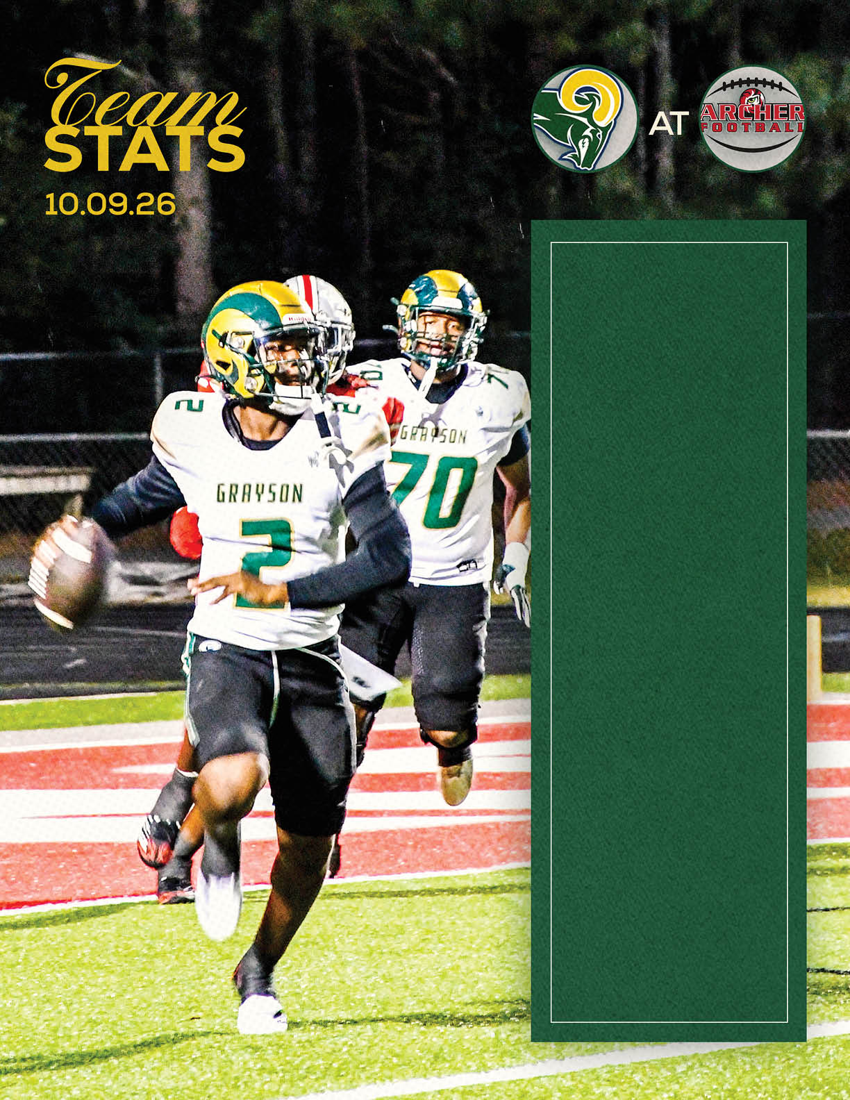 A person in a white football uniform with the word Grayson on the jersey is running on a football field holding a football, with a blurred crowd and other players in the background and a green box on the right side of the image. Description generated by AI