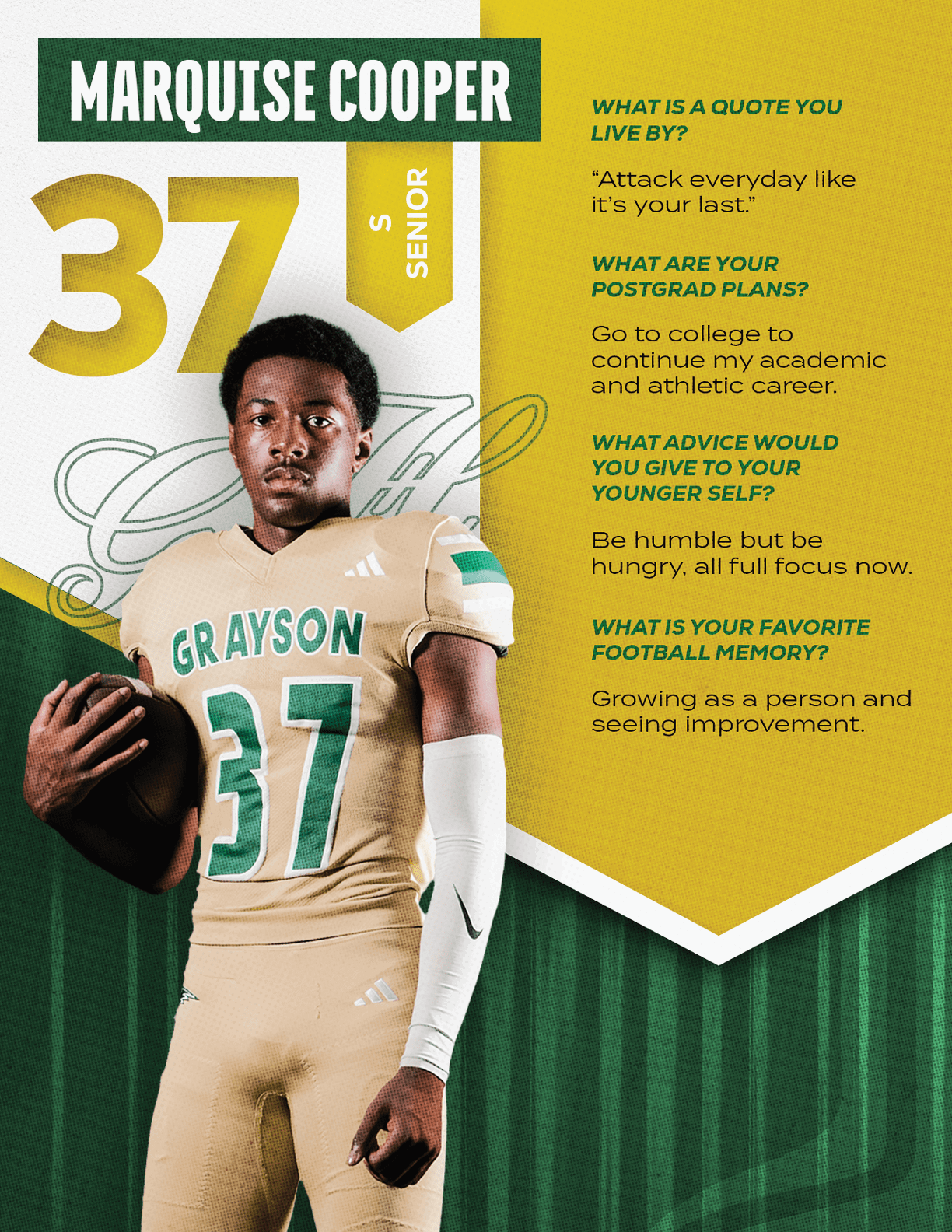An adult wearing a football uniform with the number 37 and holding a football stands next to text featuring the name Marquise Cooper, class year, and personal quotes about life, postgrad plans, advice, and favorite football memory. Description generated by AI