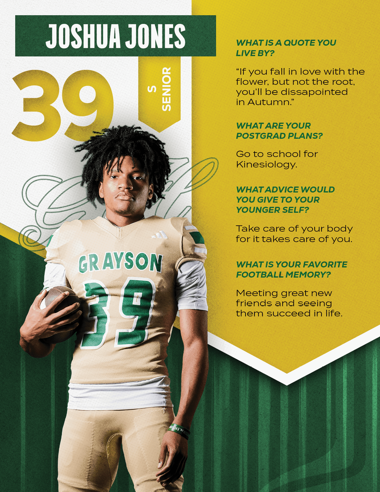 An adult wearing a football uniform with the name Grayson and number 39 stands holding a football next to text about their senior year, postgrad plans, advice, and favorite football memory. Description generated by AI