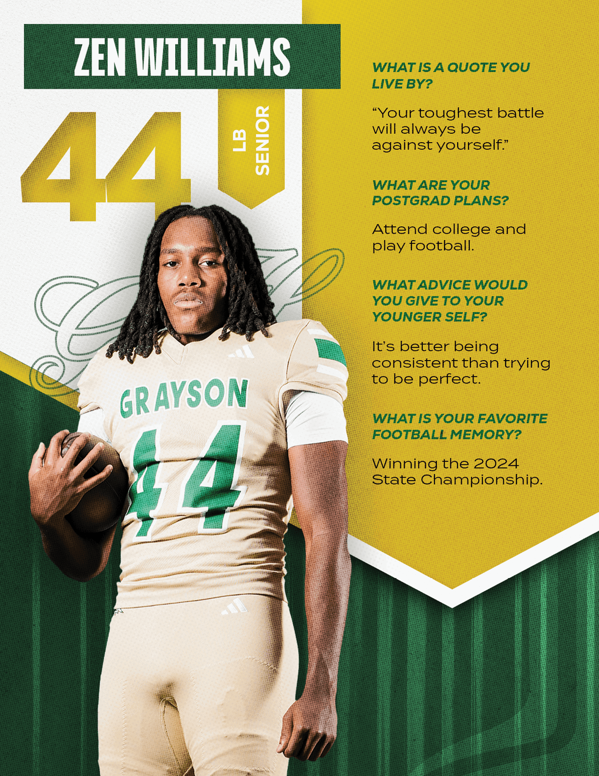 An adult with shoulder-length dreadlocks wearing a beige football uniform with the number 44 and holding a football stands next to text about their name, position, senior status, and personal quotes on a green and yellow graphic background. Description generated by AI