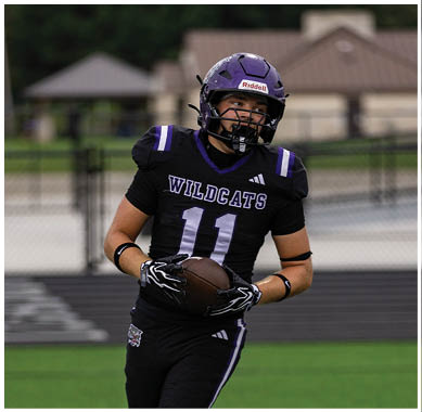 A football player running on the field. Description generated by AI