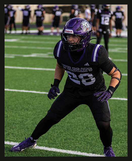 A person with curly hair wearing a black football uniform with “VISTA" on the jersey is sitting on a grassy field with one leg bent and the other extended. Description generated by AI
