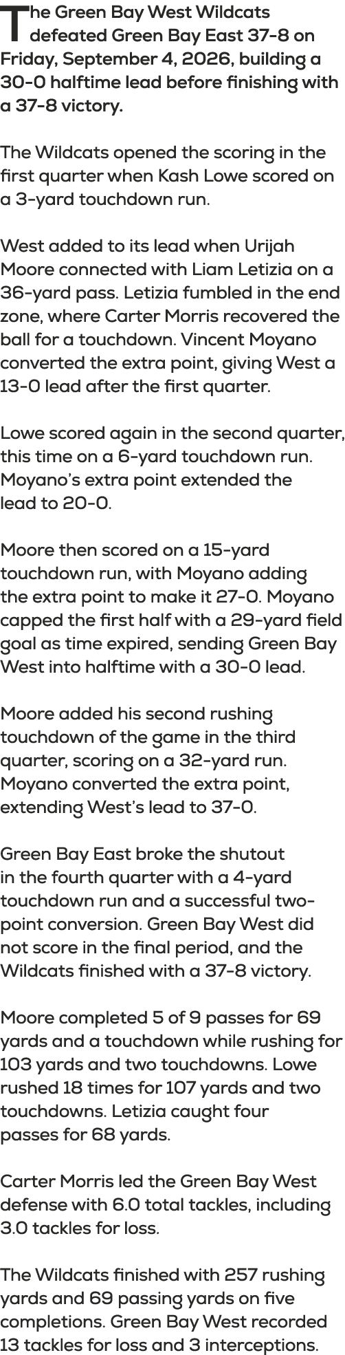 The Green Bay West Wildcats defeated Green Bay East 37 8 on Friday, September 4, 2026, building a 30 0 halftime lead ...