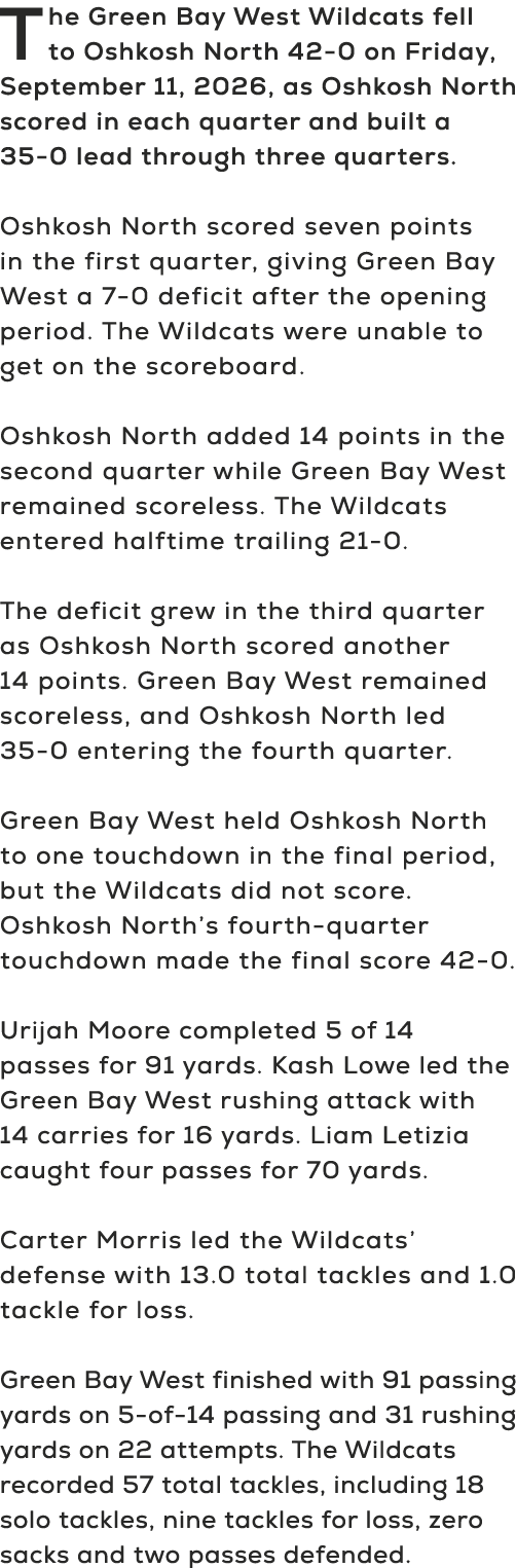 The Green Bay West Wildcats fell to Oshkosh North 42 0 on Friday, September 11, 2026, as Oshkosh North scored in each...