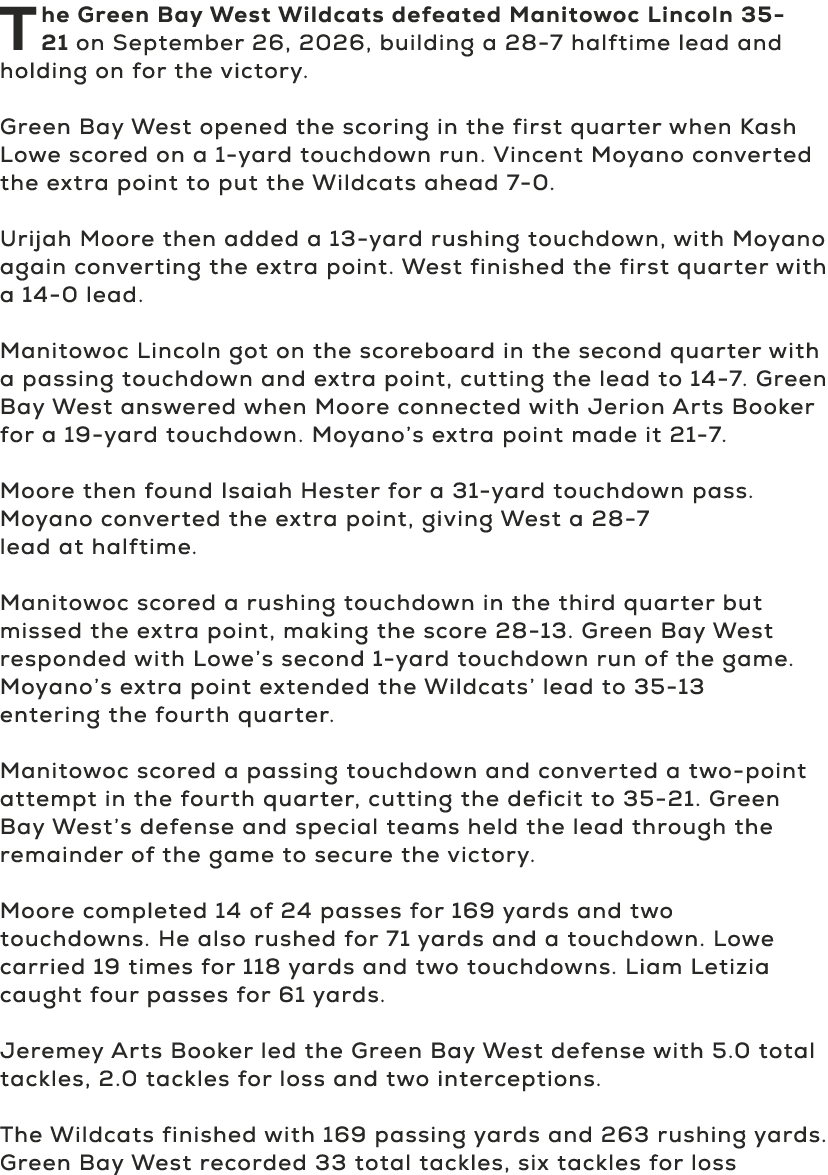 The Green Bay West Wildcats defeated Manitowoc Lincoln 35 21 on September 26, 2026, building a 28 7 halftime lead and...