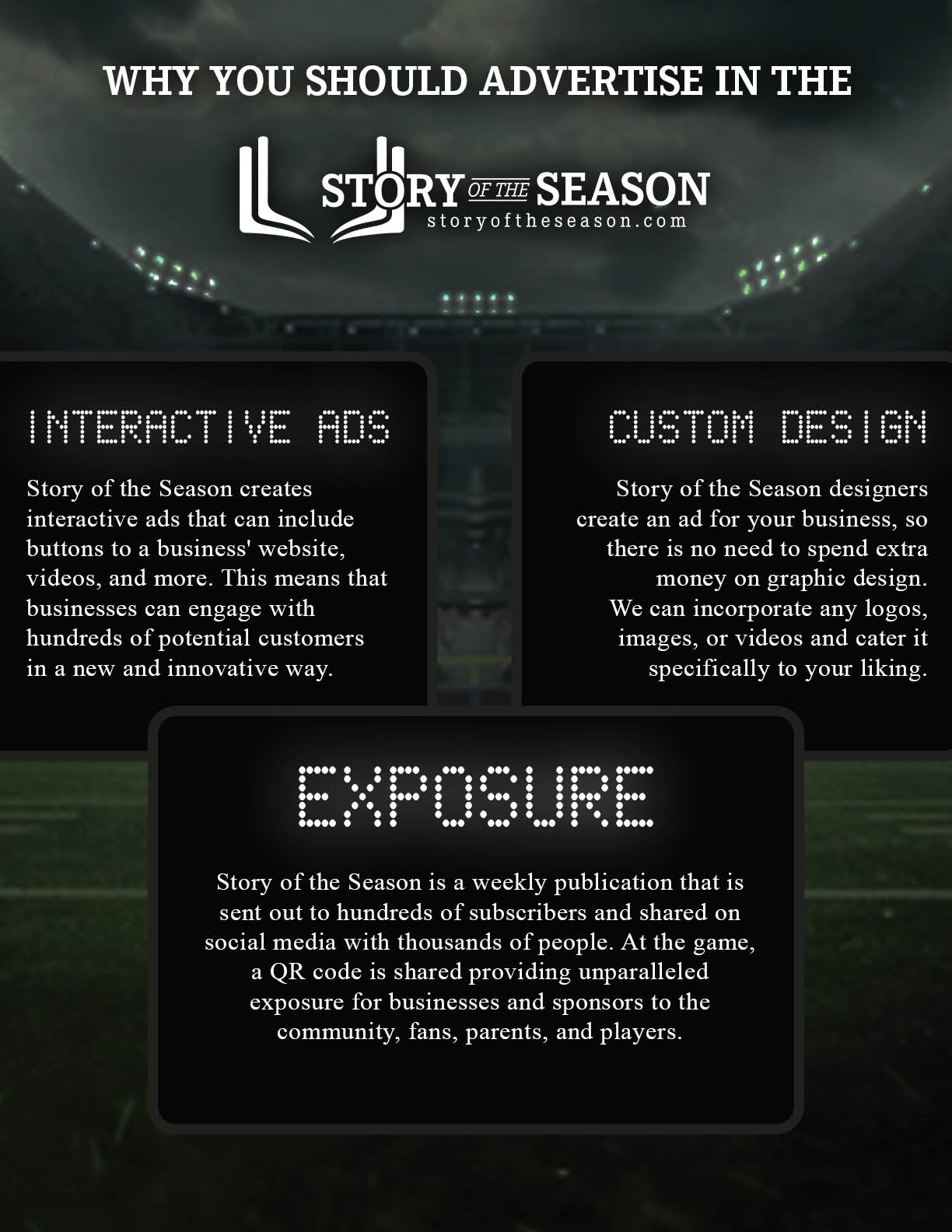 A football field with a sign that says “Exposure". Description generated by AI