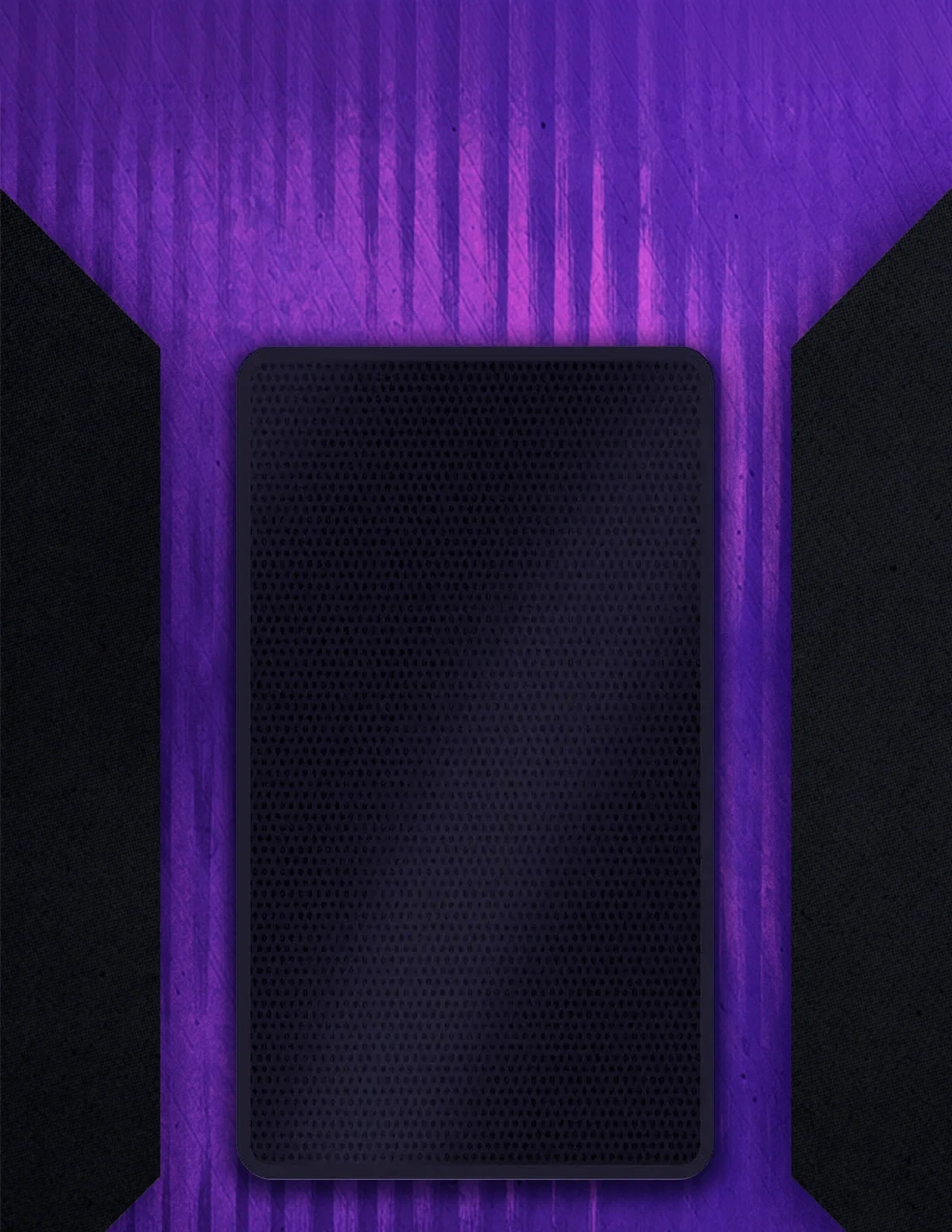 A purple and black object with a reflection of a cell phone. Description generated by AI