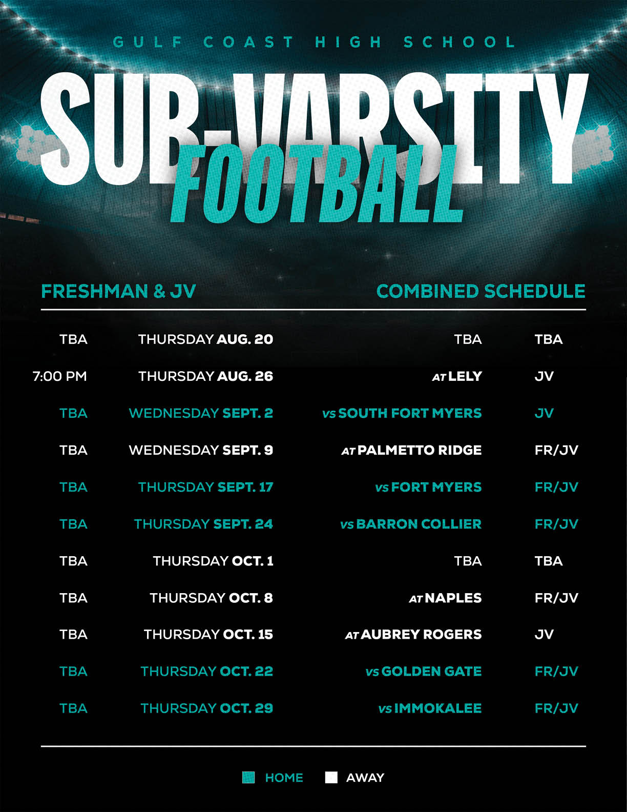 A calendar for the Gulf Coast High School football team. Description generated by AI
