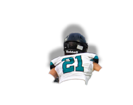 A small football player in a blue jersey. Description generated by AI