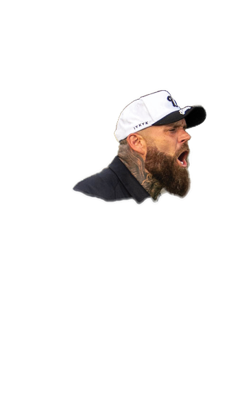 A man wearing a white hat and black shirt. Description generated by AI