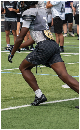 A football player in a grey and black uniform running with a football. Description generated by AI