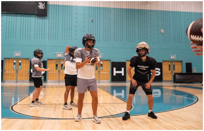 A group of young men wearing football helmets and uniforms are playing a game of football. Description generated by AI