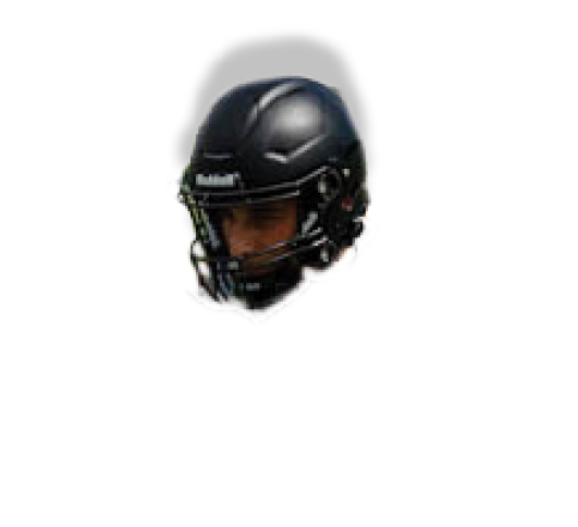 A black and white photo of a football player wearing a helmet. Description generated by AI